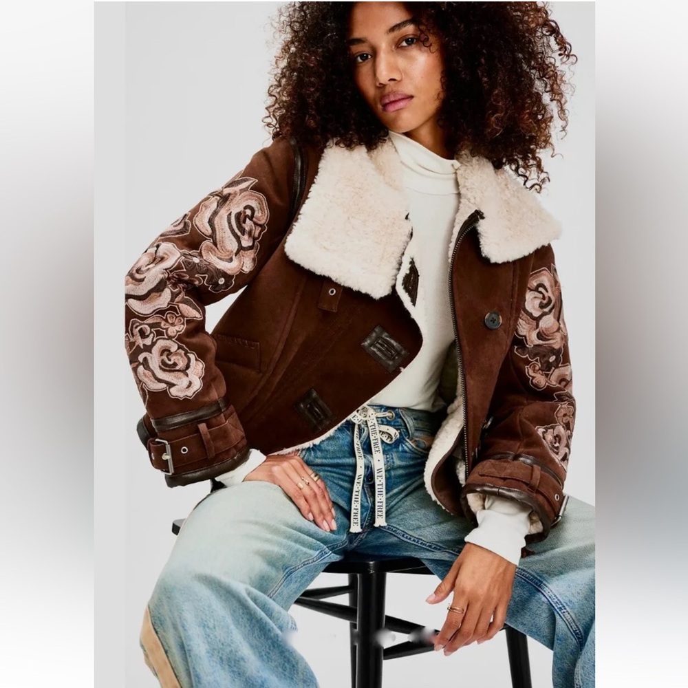 Free People Andies Vegan Moto Jacket We The Free Faux Fur Brown Floral